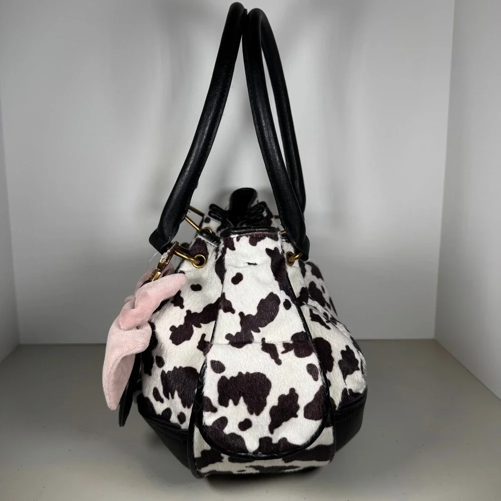Juicy Couture Romance Cow Print Satchel Bag Faux Fur Pink Bow Heart Charm BW